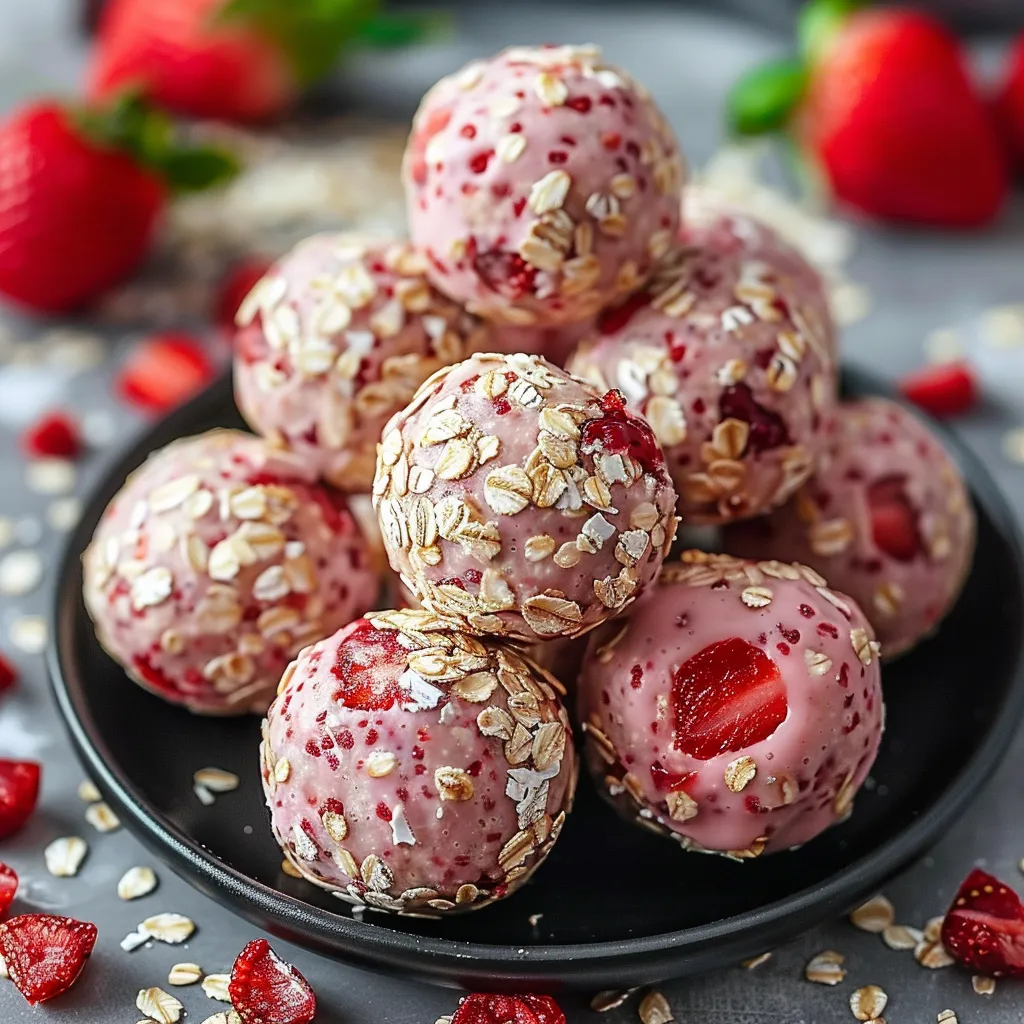 A plate of pink and red balls with strawberries and nuts on top.