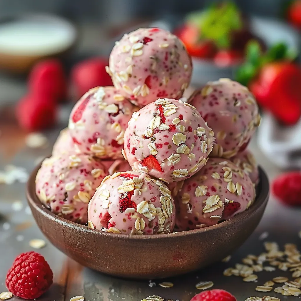 A bowl of pink and red balls with a mix of berries and nuts.