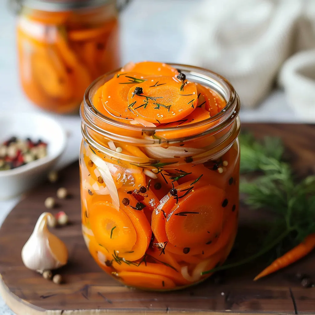 A jar of pickled carrots on a table.