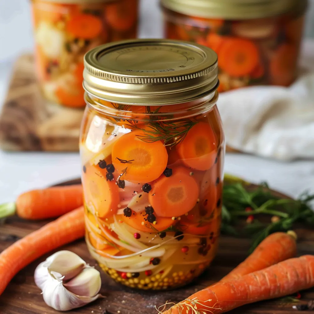 A jar of carrots and onions is displayed on a table.