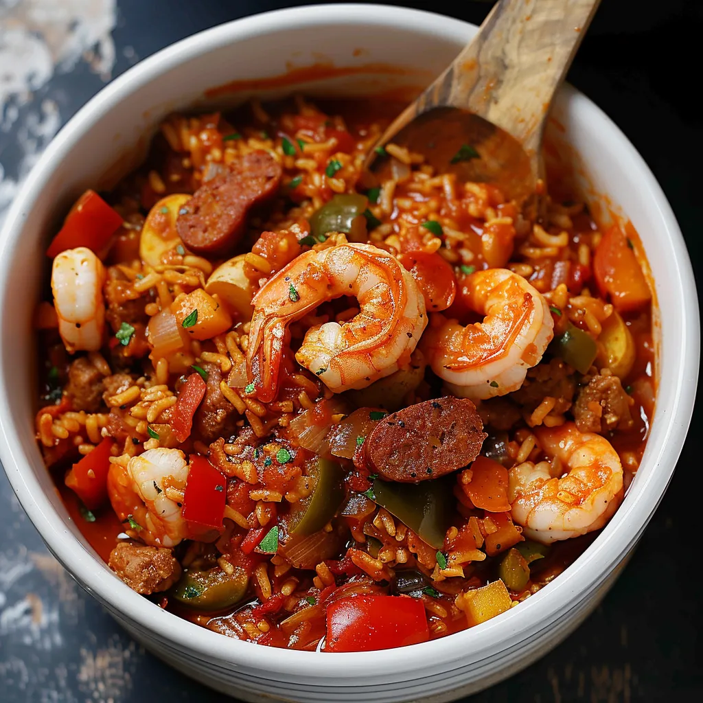 A bowl of rice with shrimp and sausage, garnished with green onions and peppers.