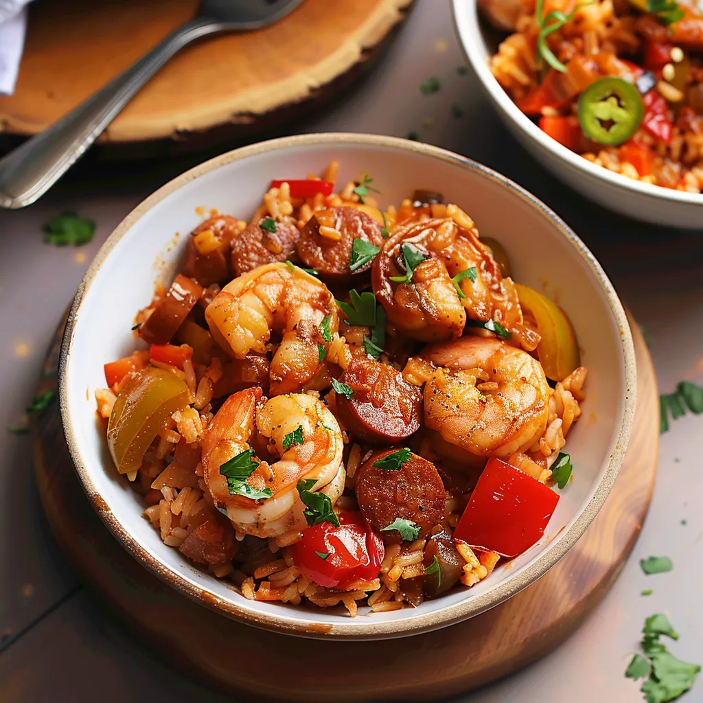A bowl of rice with shrimp and peppers.