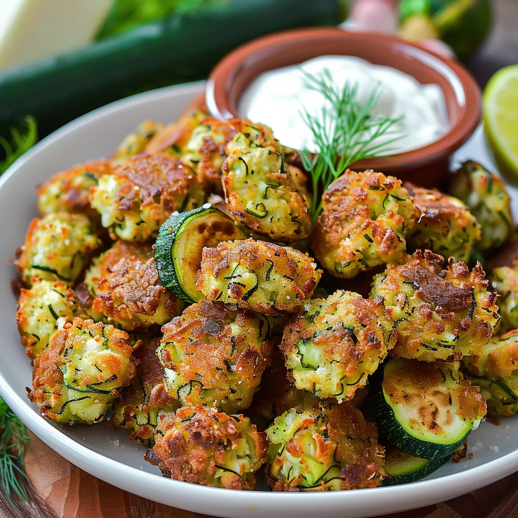 A bowl of cheesy zucchini snacks with a spoon.