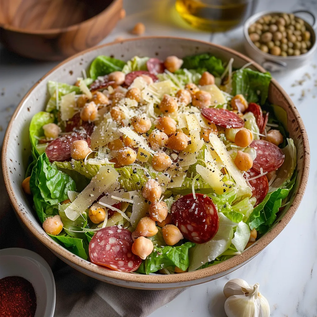 A bowl of salad with meat, cheese, and chickpeas.