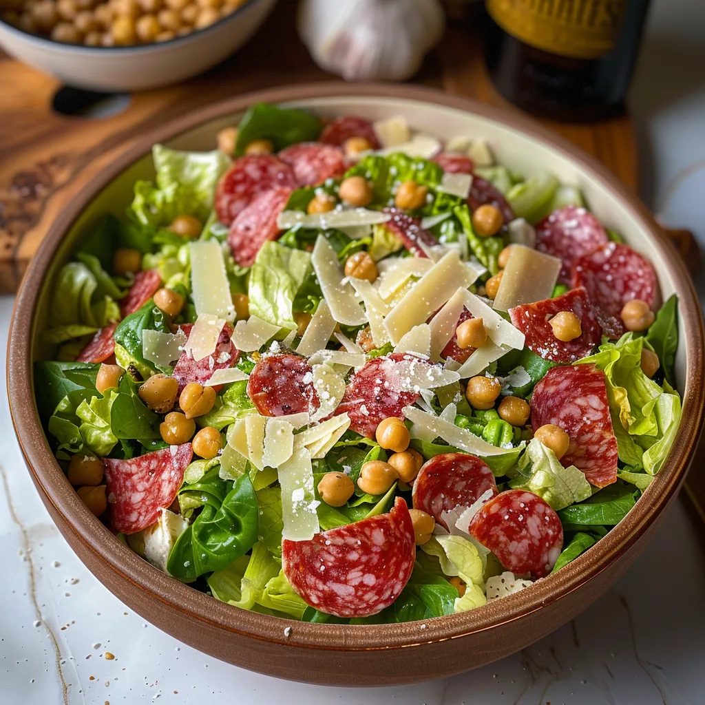 A bowl of salad with meat and cheese on a table.