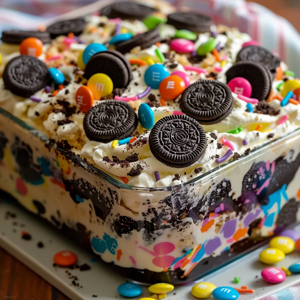 A delicious dessert with chocolate, cookies, and candies.