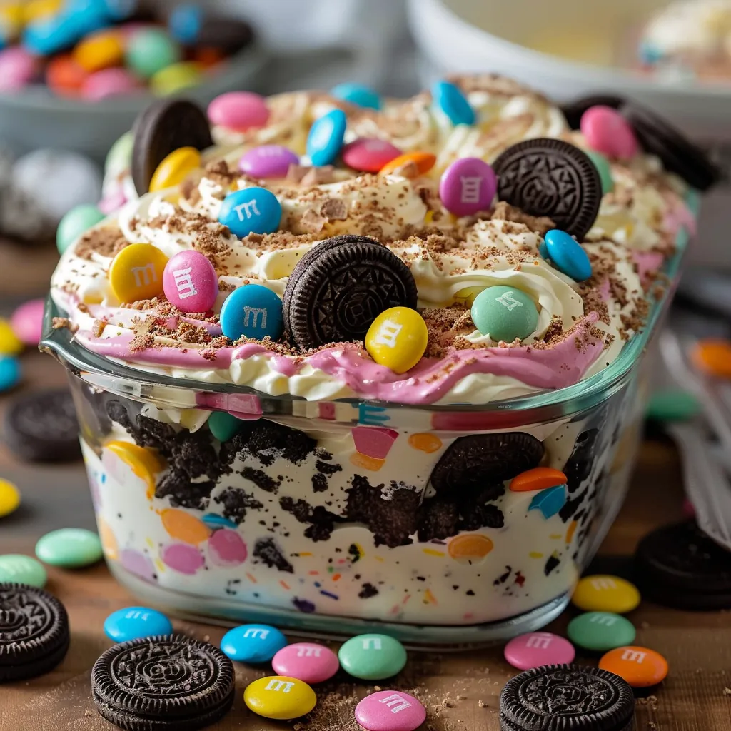 A glass bowl filled with a delicious dessert, including Oreo cookies and M&M's candies, sits on a table.
