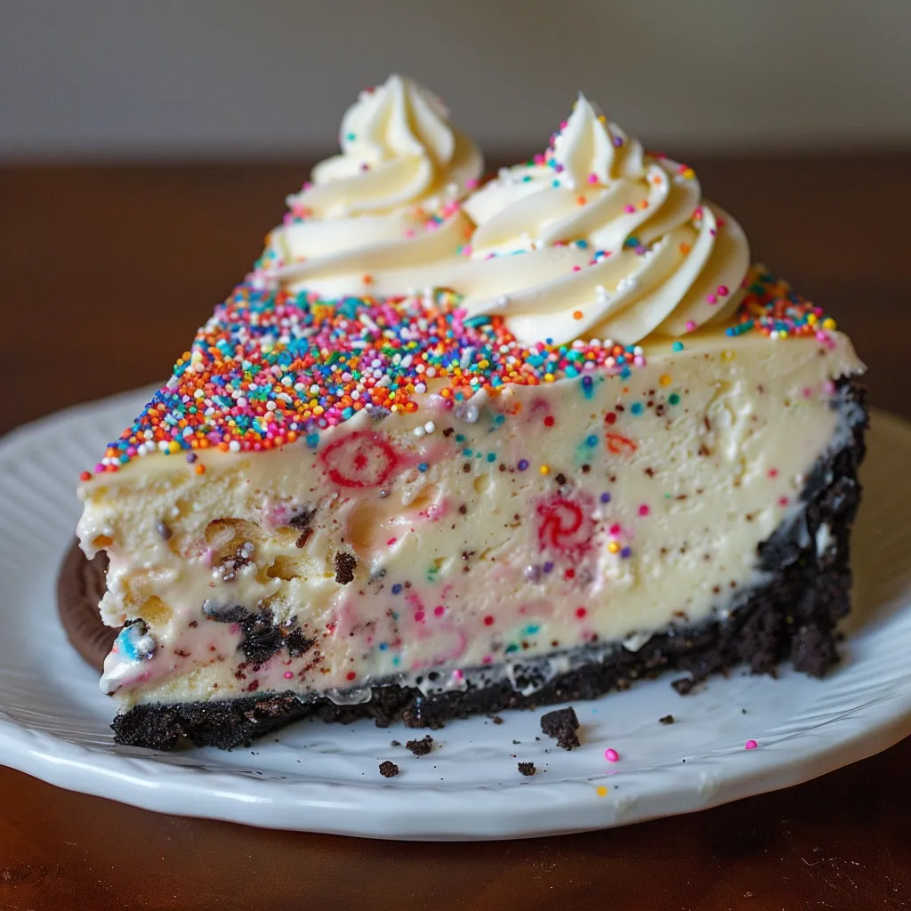 A slice of cake with sprinkles on a white plate.