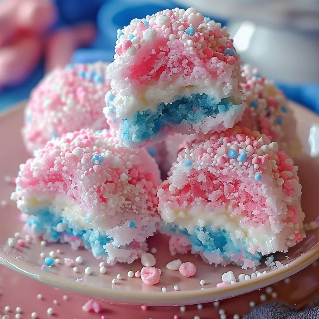 A plate of colorful cake with pink, blue, and white frosting.