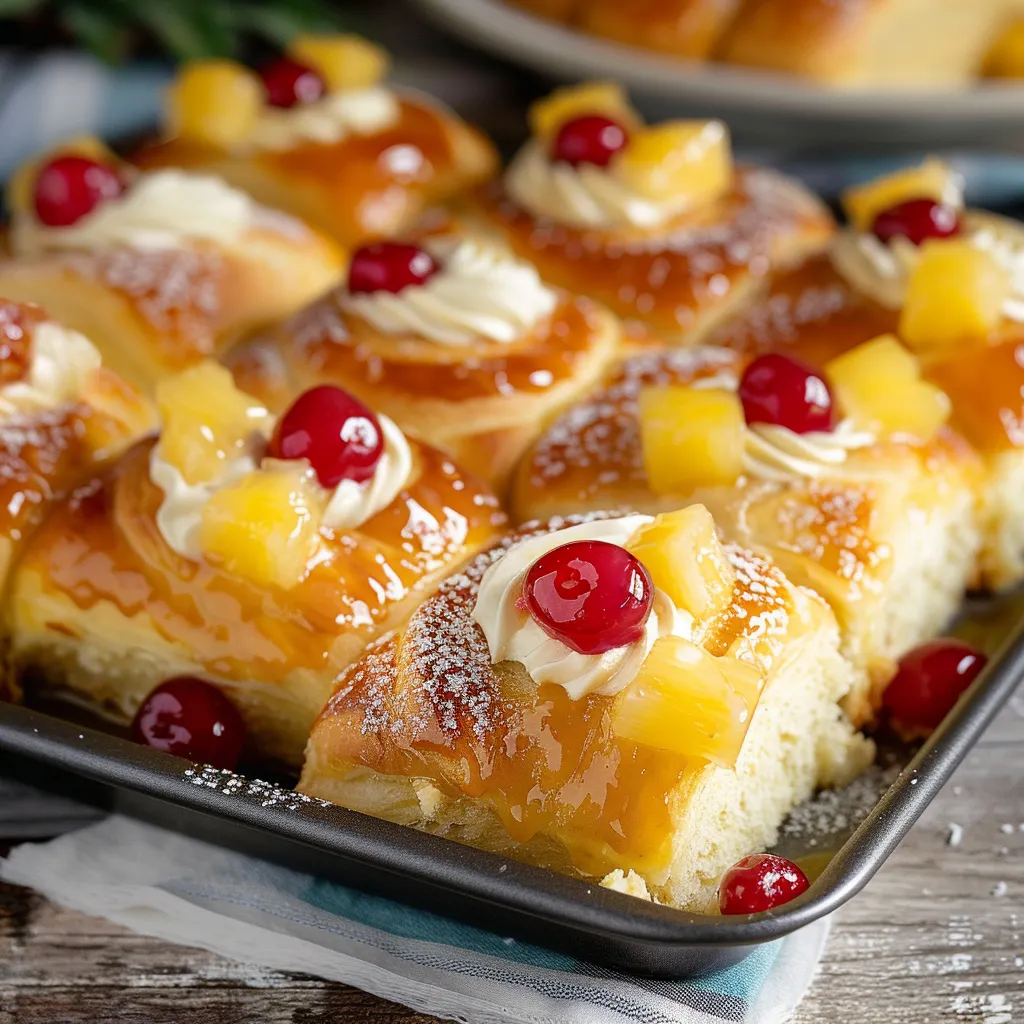 A pan of delicious cake with pineapple and cherries on top.