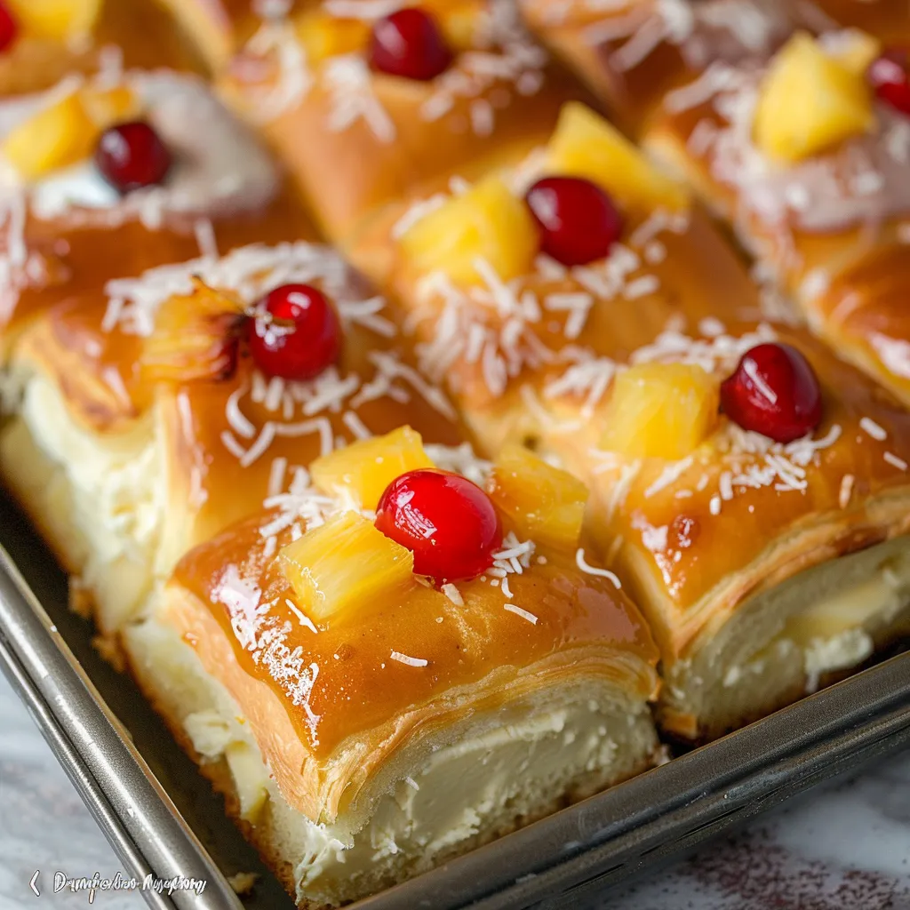 A pan of delicious pastry with pineapple and cherries on top.