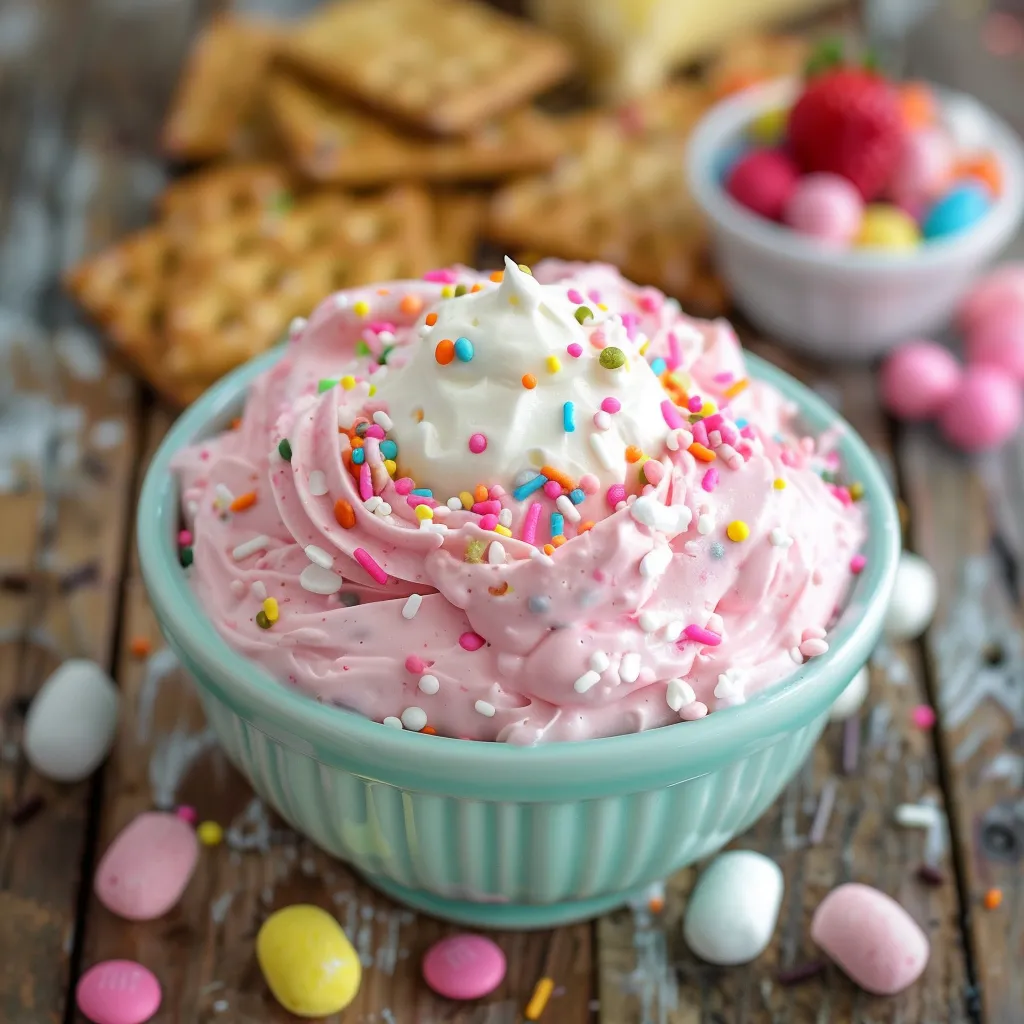A bowl of pink frosting with sprinkles on a table.