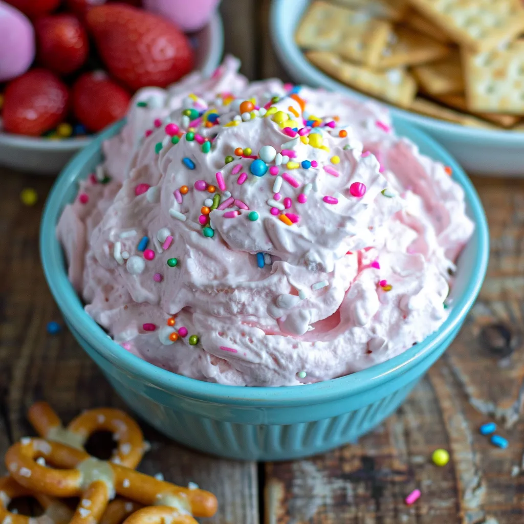 A bowl of pink frosting with sprinkles on a table.
