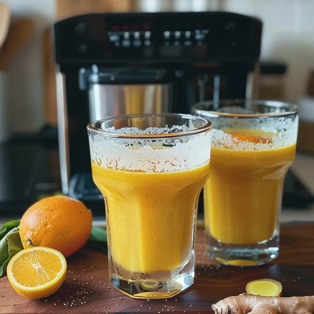 Two glasses of orange juice are placed on a table next to a blender.