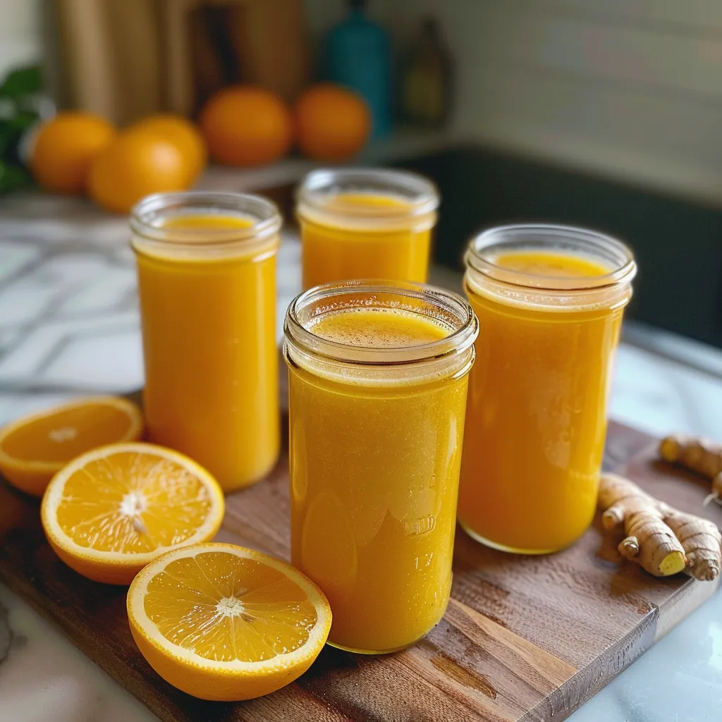 Four jars of orange juice are placed on a wooden cutting board, with a few oranges sliced and ready to be juiced.