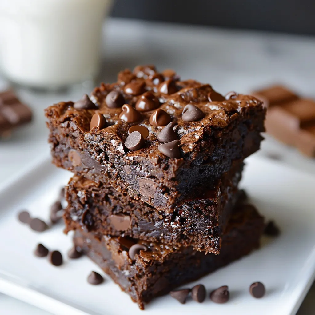 A slice of chocolate cake topped with chocolate chunks.