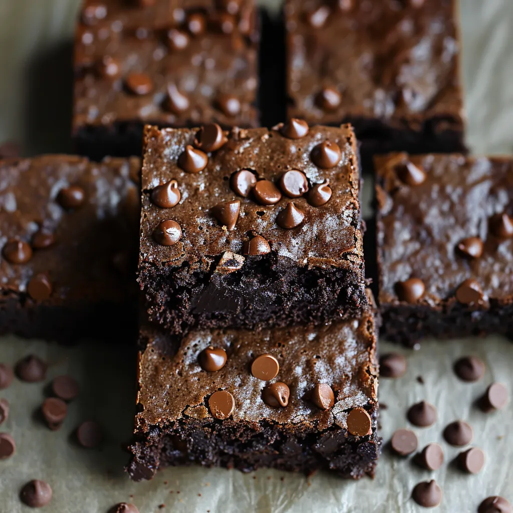 A square of chocolate cake with chocolate chips on top.