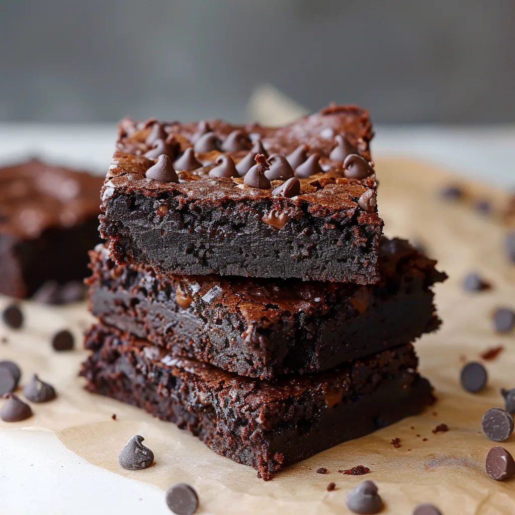 A stack of chocolate cake with chocolate chips on top.
