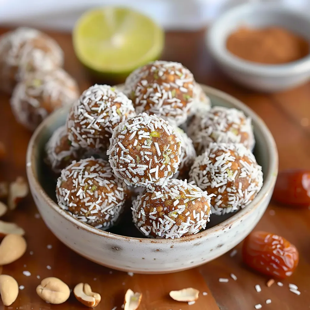 A bowl of rice balls with a lime wedge on the side.