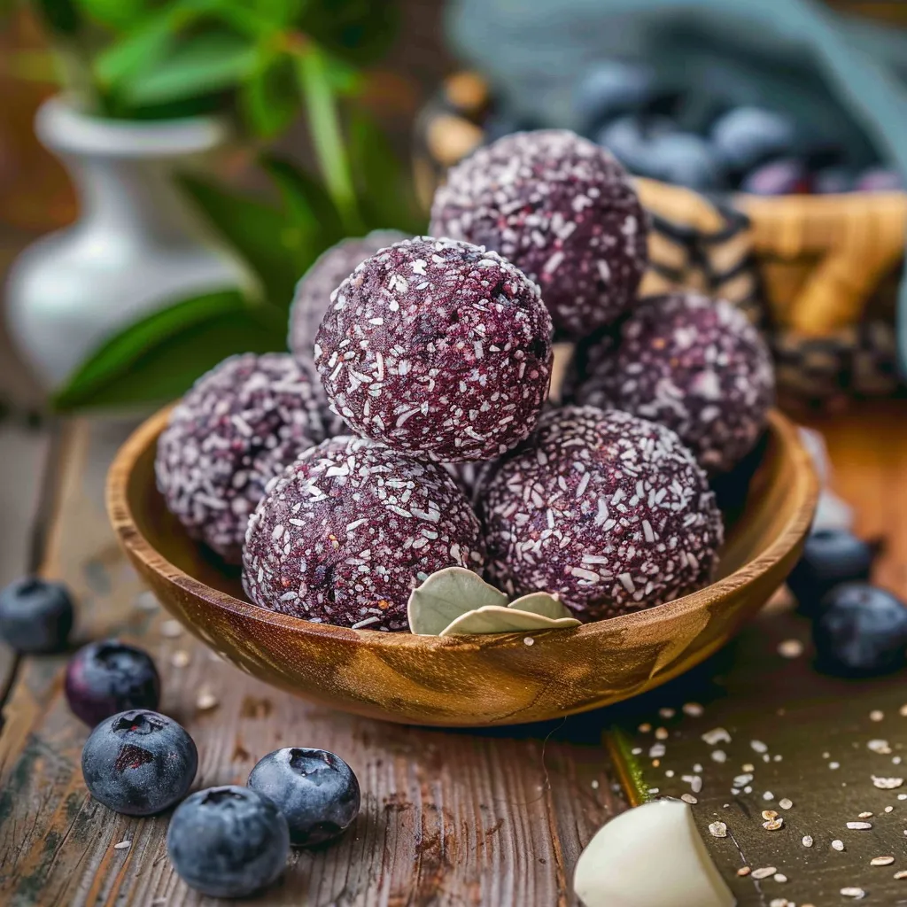 A bowl of blueberries and chocolate balls.