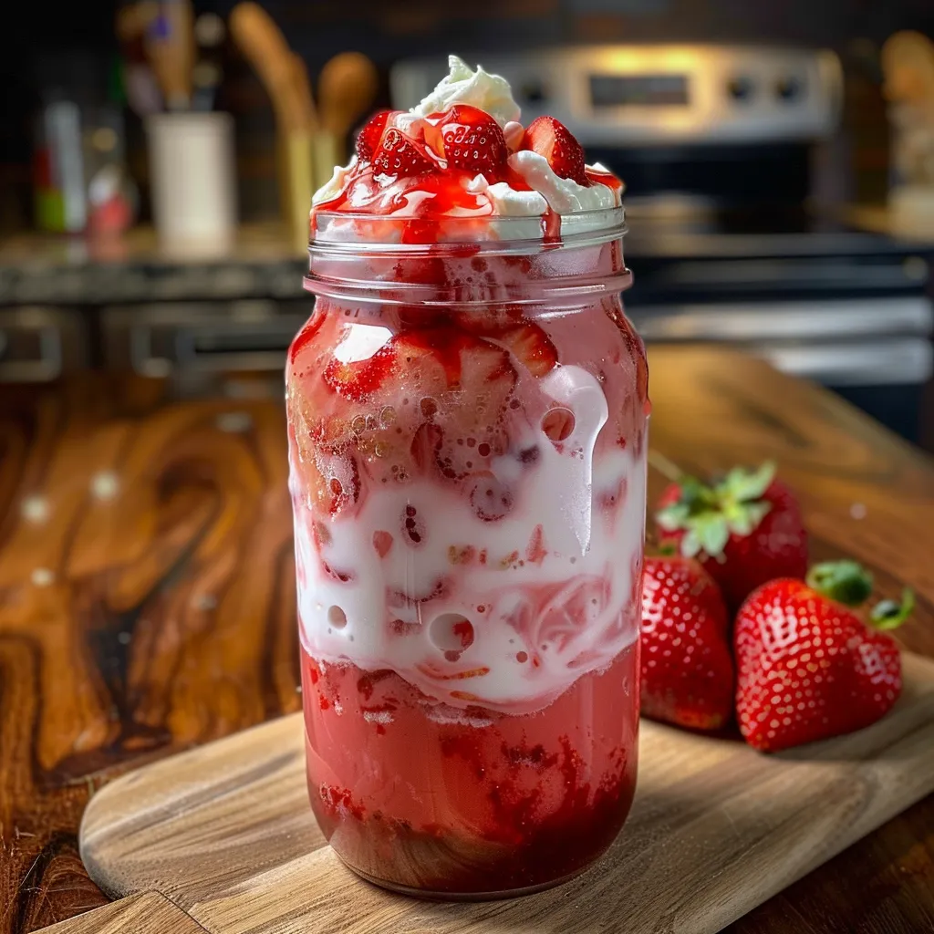 A jar packed with whipped cream and strawberries.