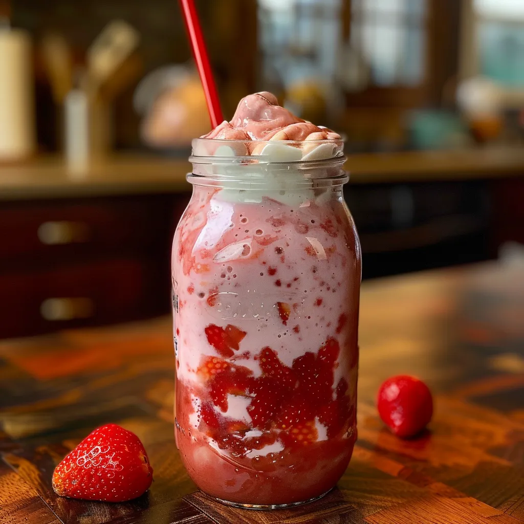 A glass of strawberry milk with a red straw in it.