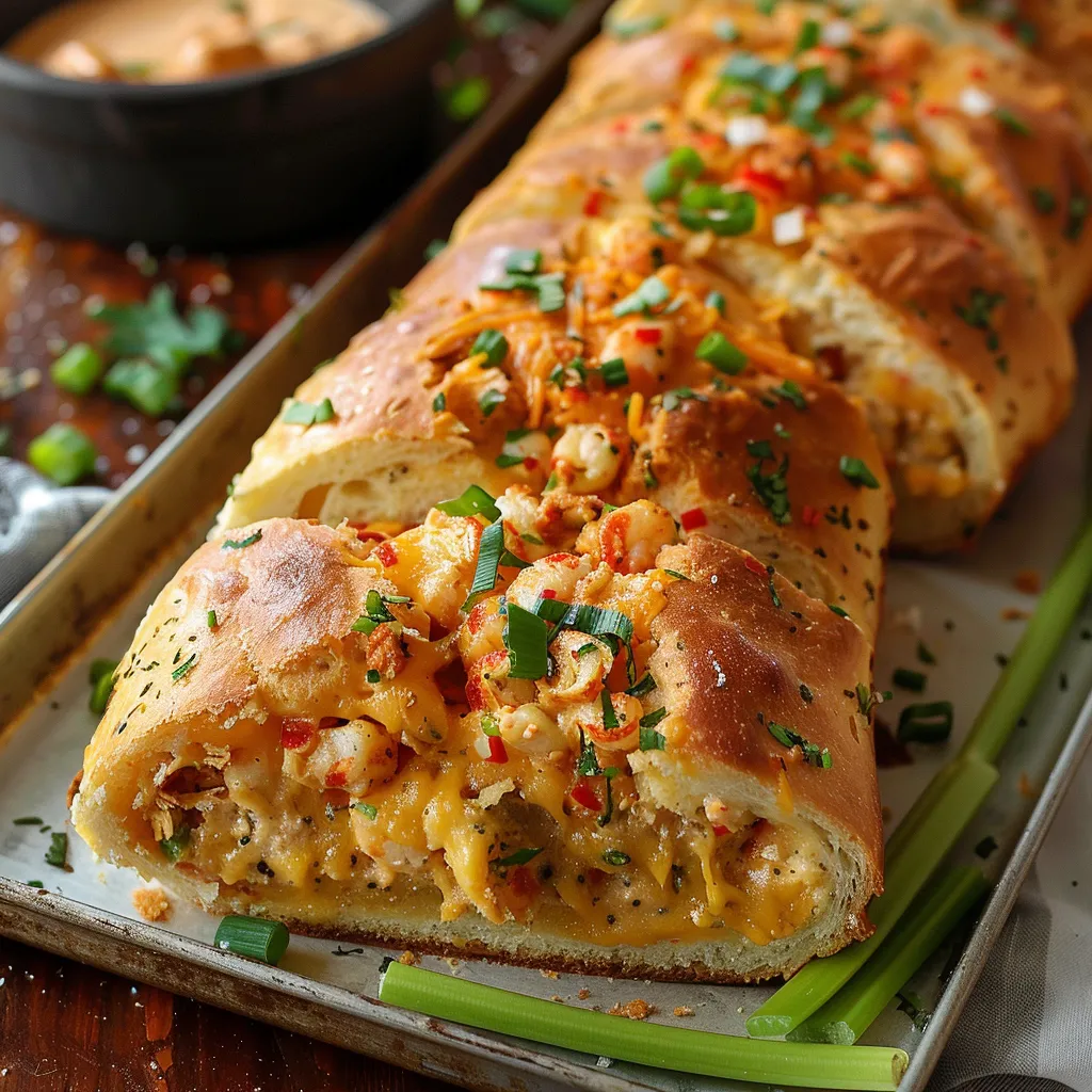 A long sandwich with a variety of toppings, including cheese, tomatoes, and peppers, sits on a tray.