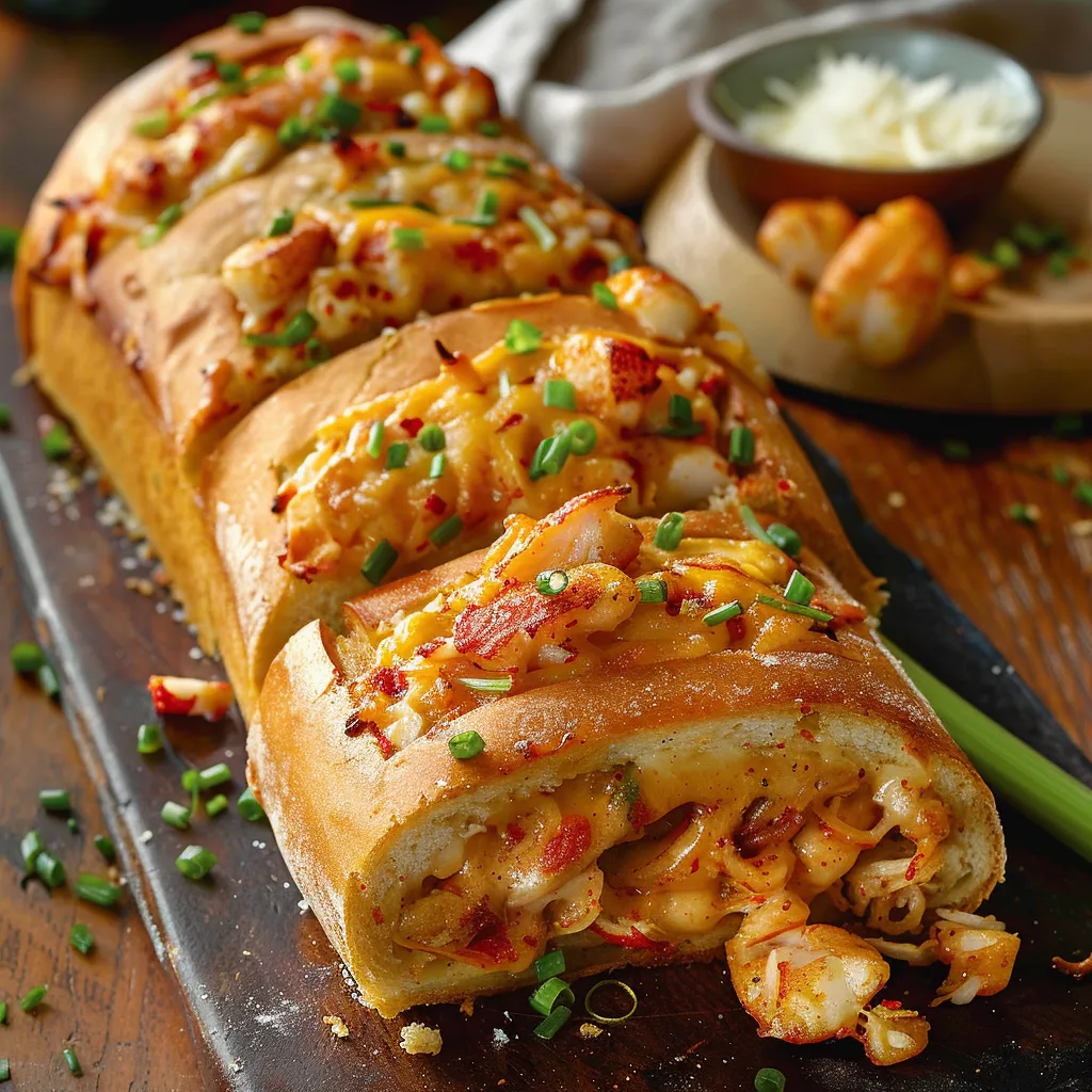 A sandwich with shrimp and cheese on a wooden cutting board.