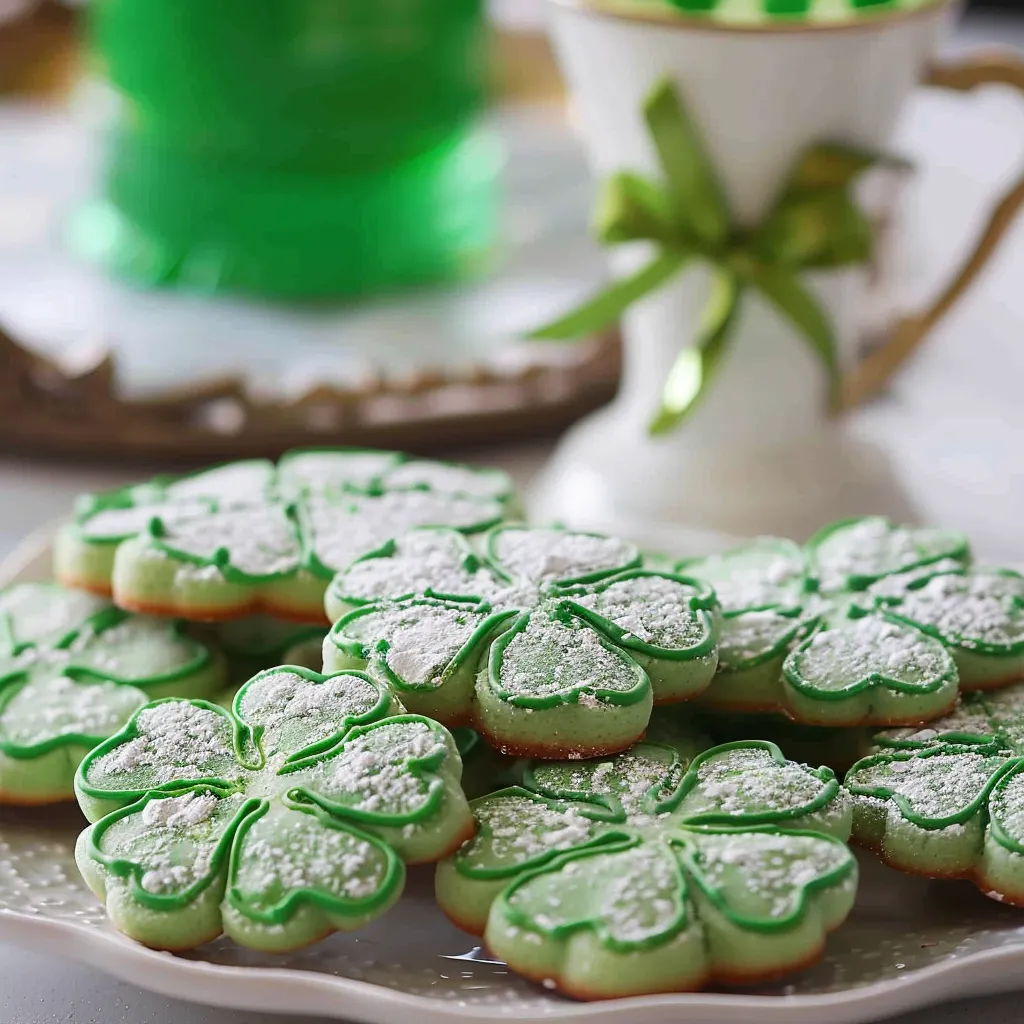 A plate of shiny green cookies with sugar coating and leafy accents.