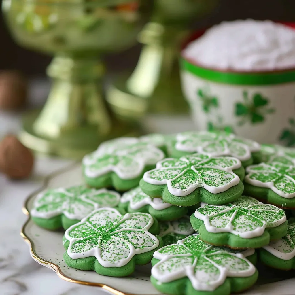 A plate of green cookies with white frosting and green leaves on top.