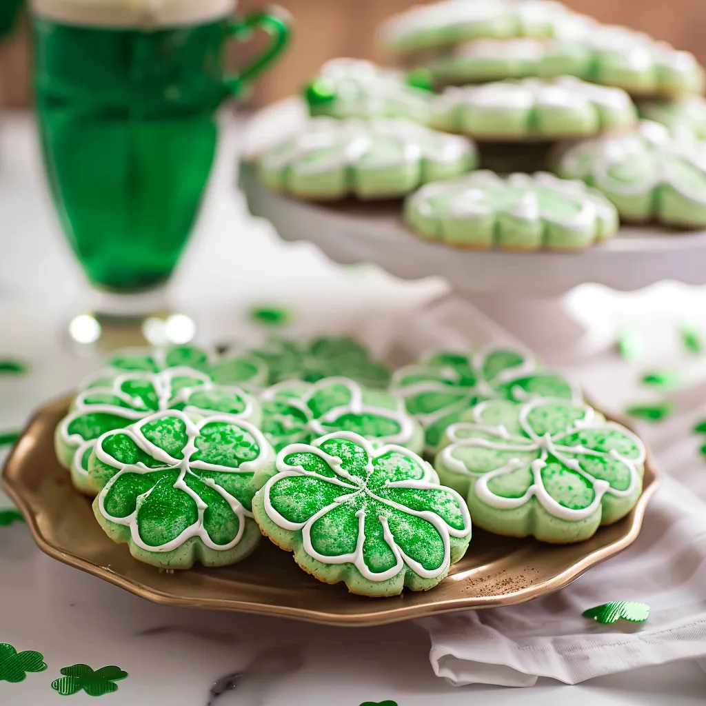 A plate of green cookies with white frosting and green leaves.