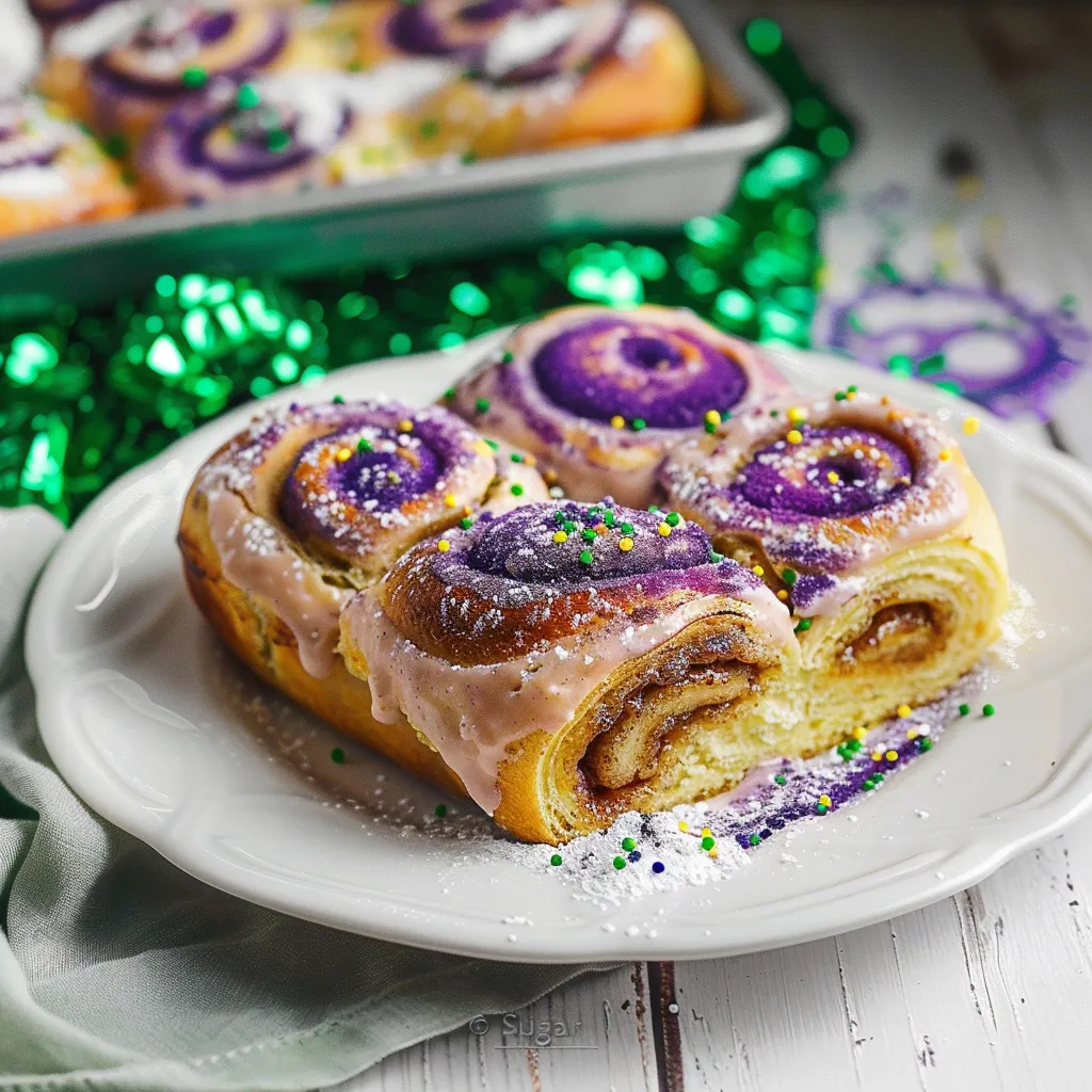 A plate of purple and white swirl rolls with sprinkles on a table.