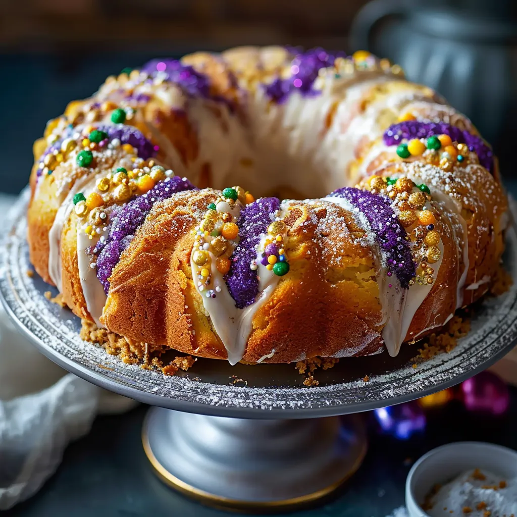 A cake with purple and yellow sprinkles on a plate.