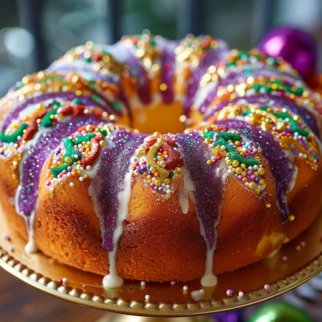A colorful iced cake sits on a shiny gold plate.