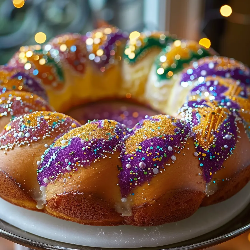 A cake with a purple and yellow frosting is decorated with purple and yellow sprinkles.