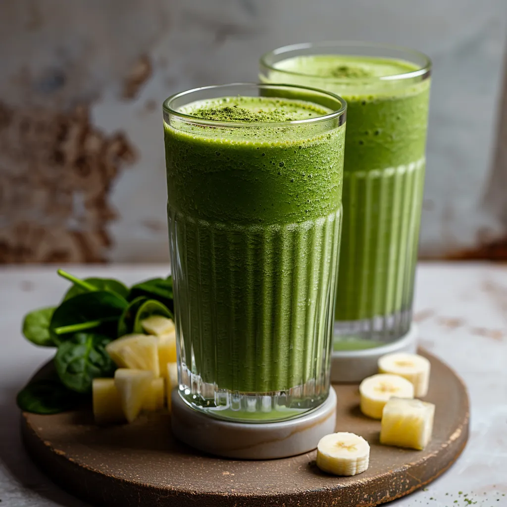 Two glasses of green smoothie on a wooden tray.