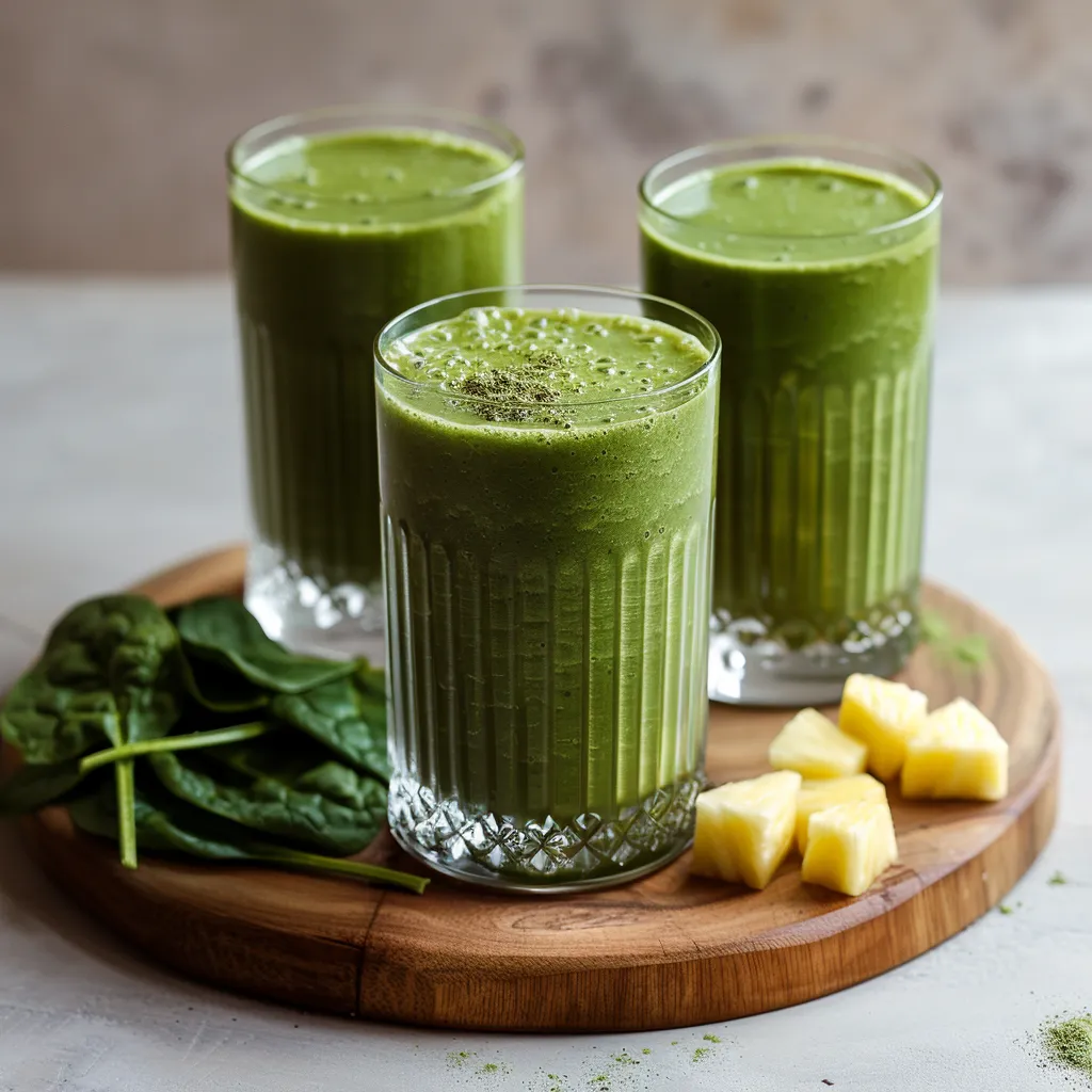 Two glasses of green smoothie are placed on a wooden tray, accompanied by a leafy green vegetable.