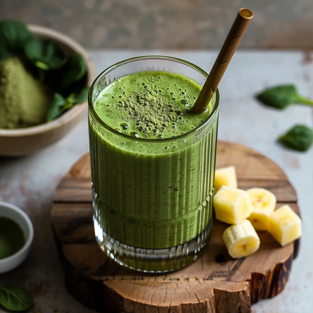 A glass of thick green smoothie with a straw inside.