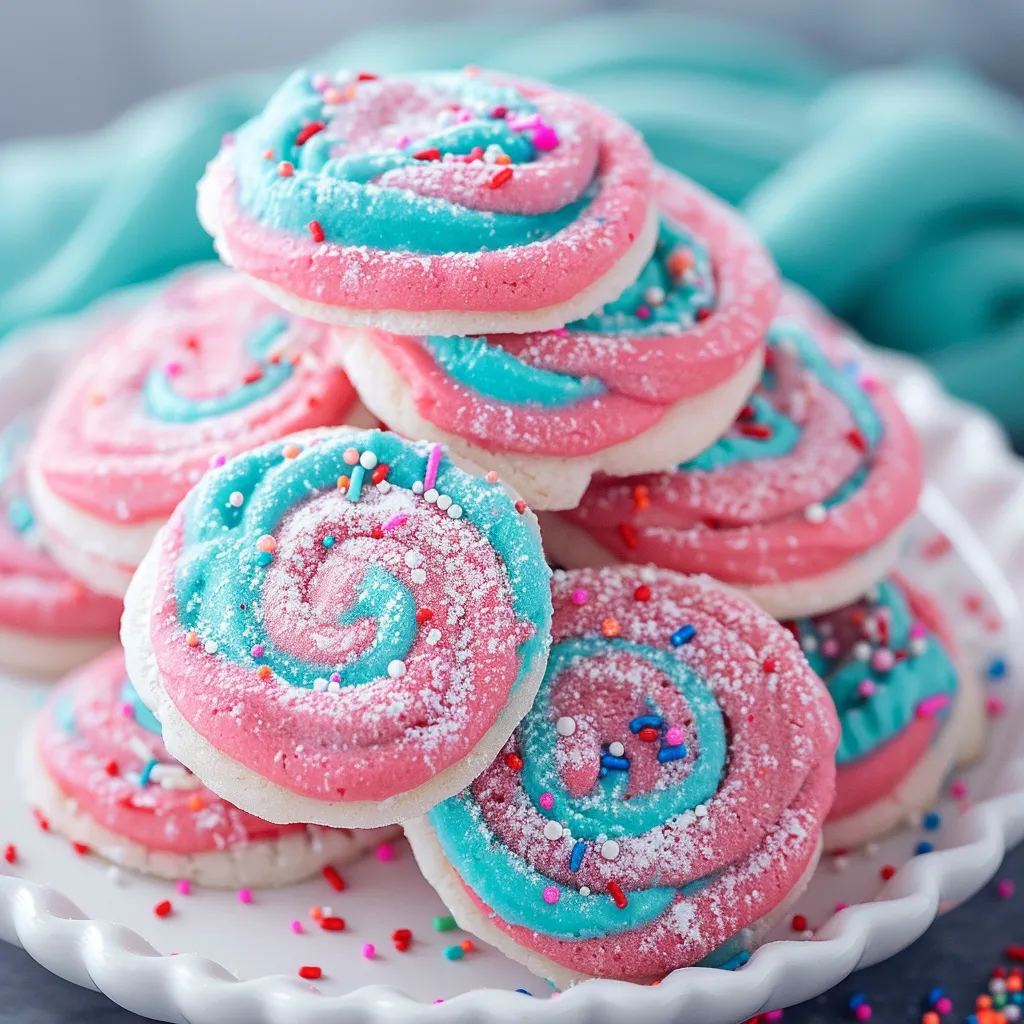 A plate of colorful cookies with swirls of pink and blue frosting.
