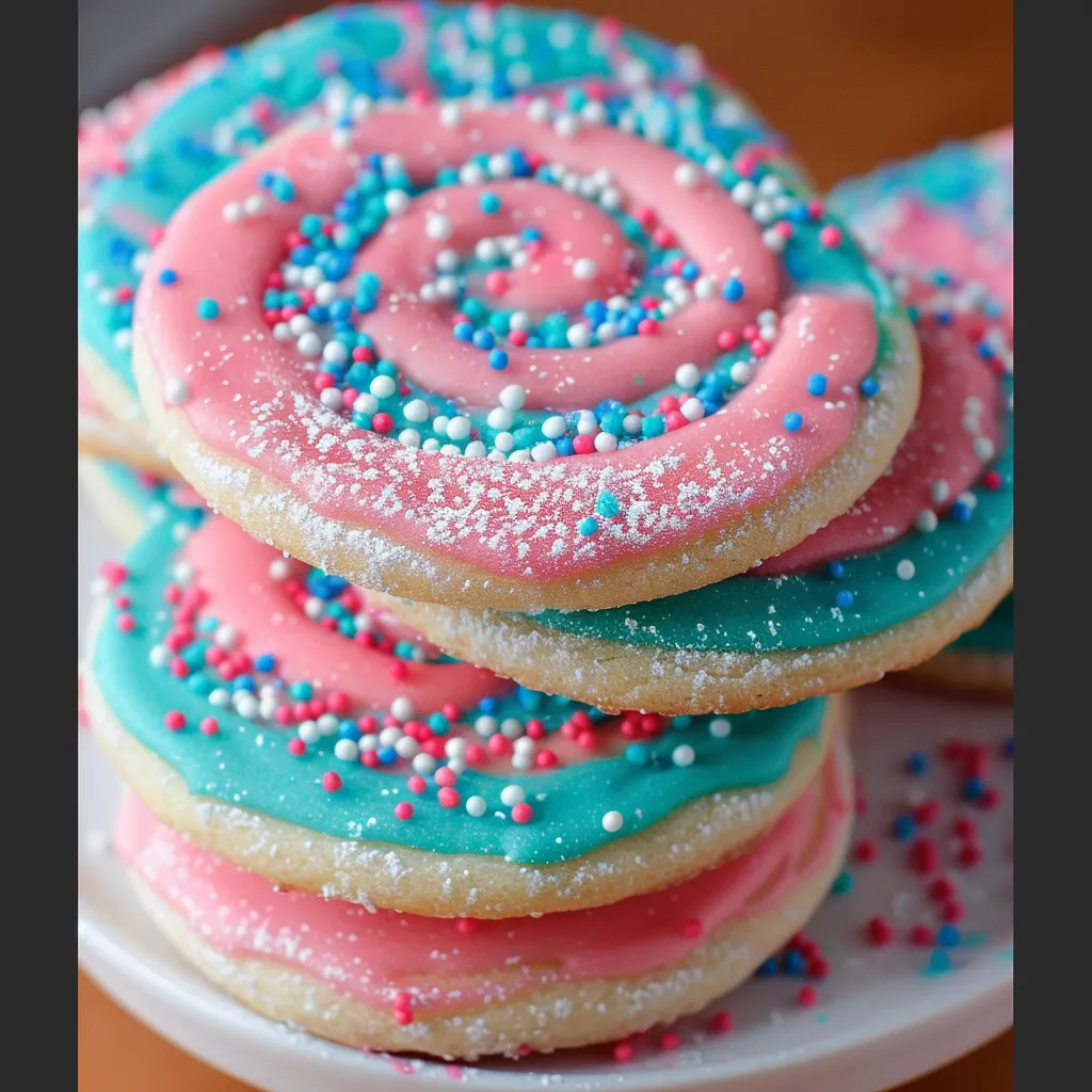 A delicious batch of brightly colored cookies with swirls of pink and blue.