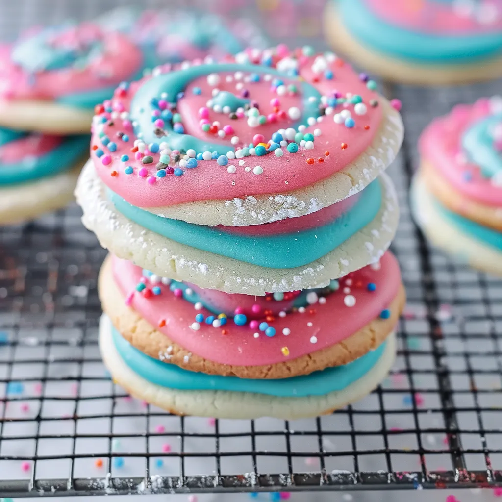 A stack of colorful cookies with pink, blue, and purple frosting.