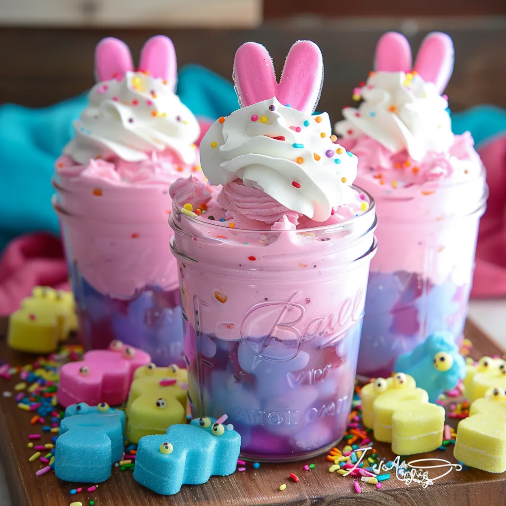 Three pastel-colored jars with bunny ears and a creamy topping.