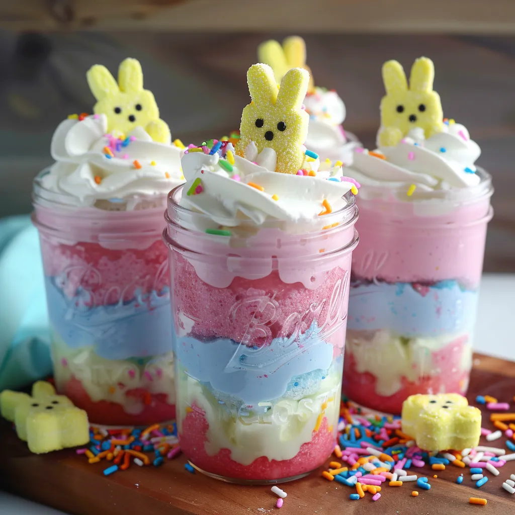Three jars of dessert with candy and cake pieces.