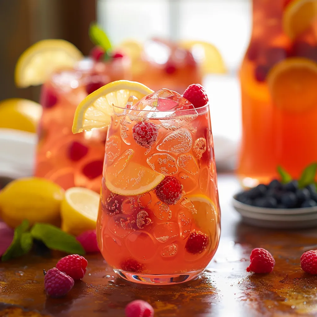A glass of pink lemonade with raspberries and lemon slices.