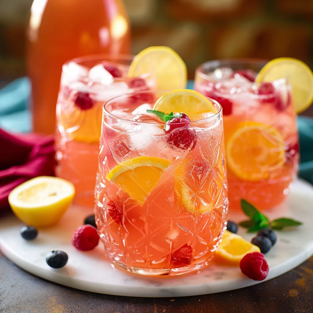 A pair of pink lemonade glasses with lemon slices and raspberries on a tabletop.