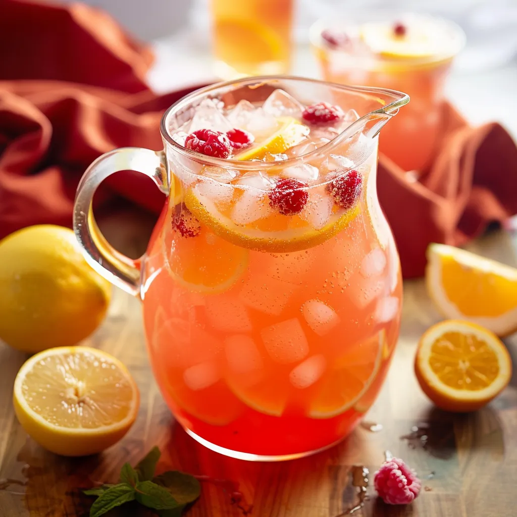 A pitcher of lemonade with a slice of lemon and a raspberry on top.