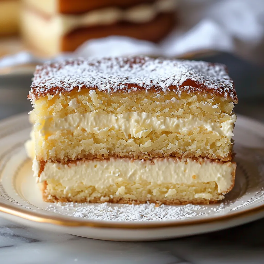 A cake slice dusted with powdered sugar sits on a plate.
