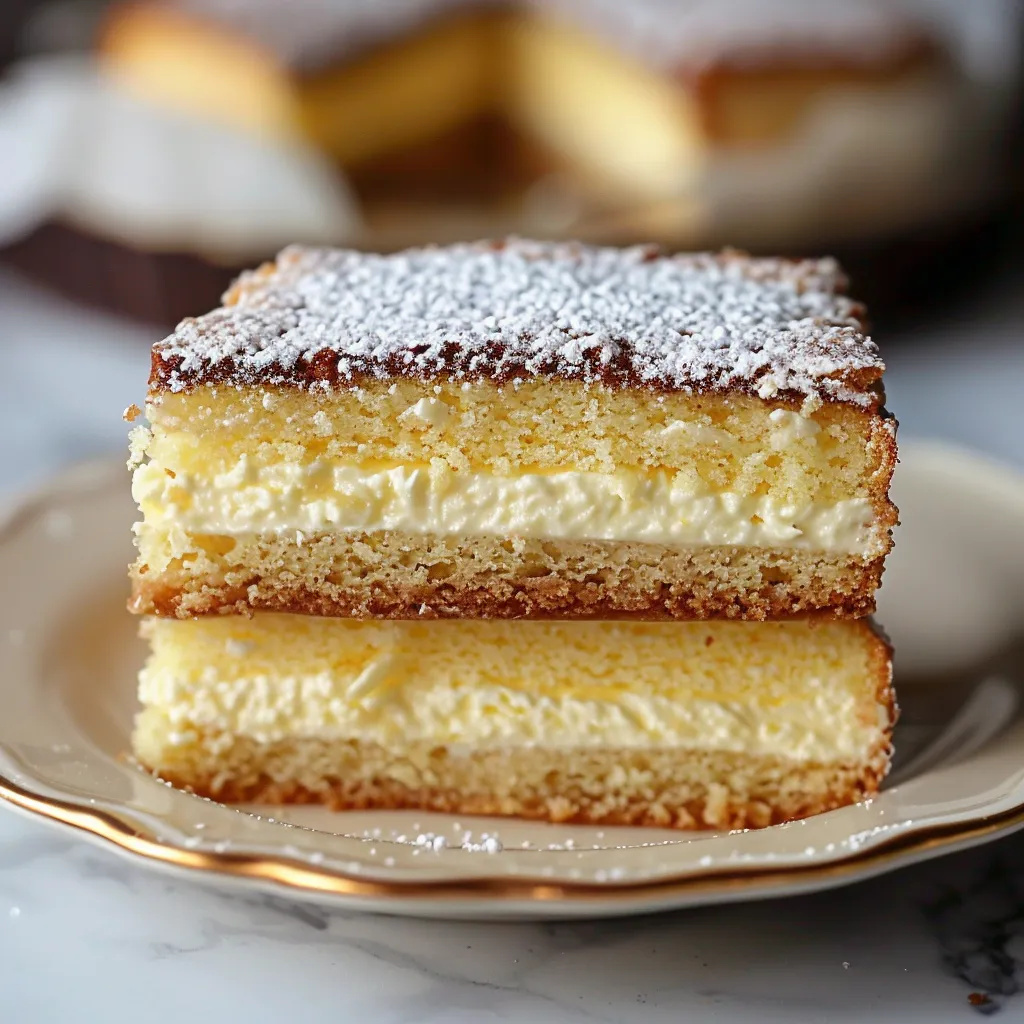 A slice of cake with powdered sugar on a plate.