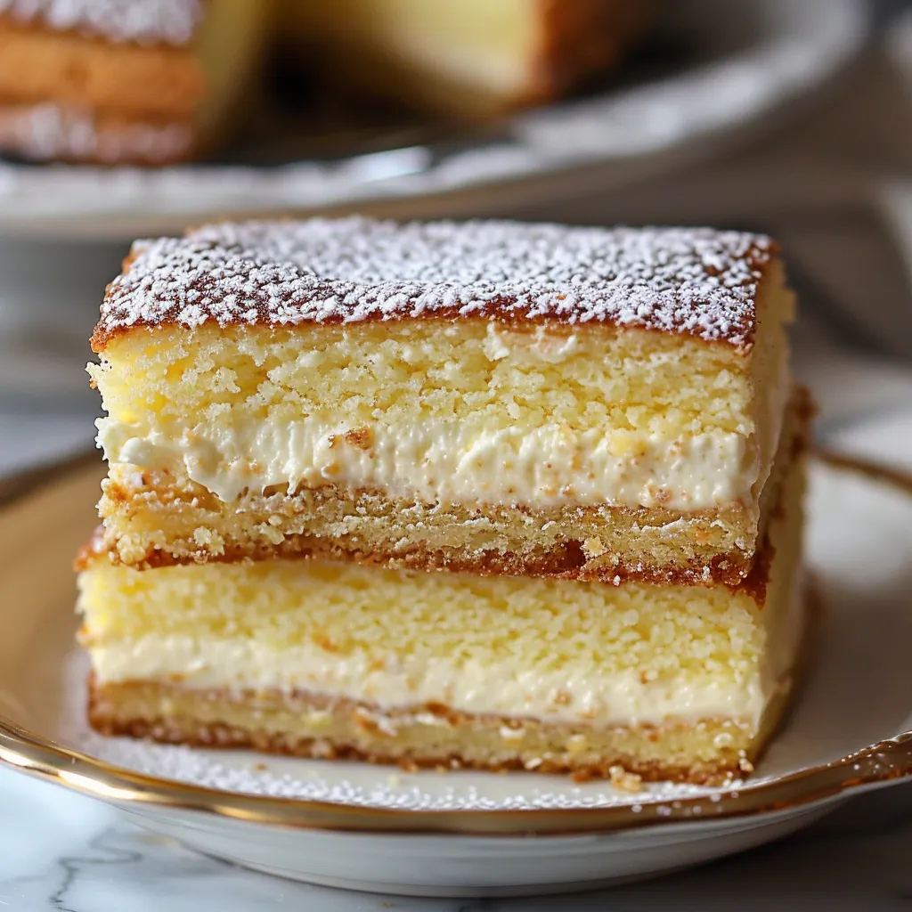 A slice of cake with powdered sugar on a plate.