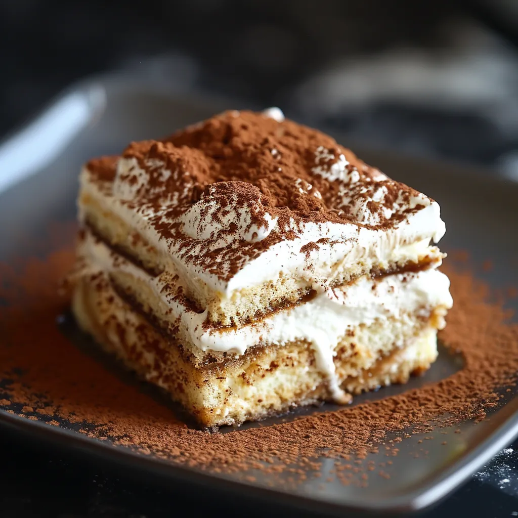 A decadent tiramisu slice topped with chocolate and cream.